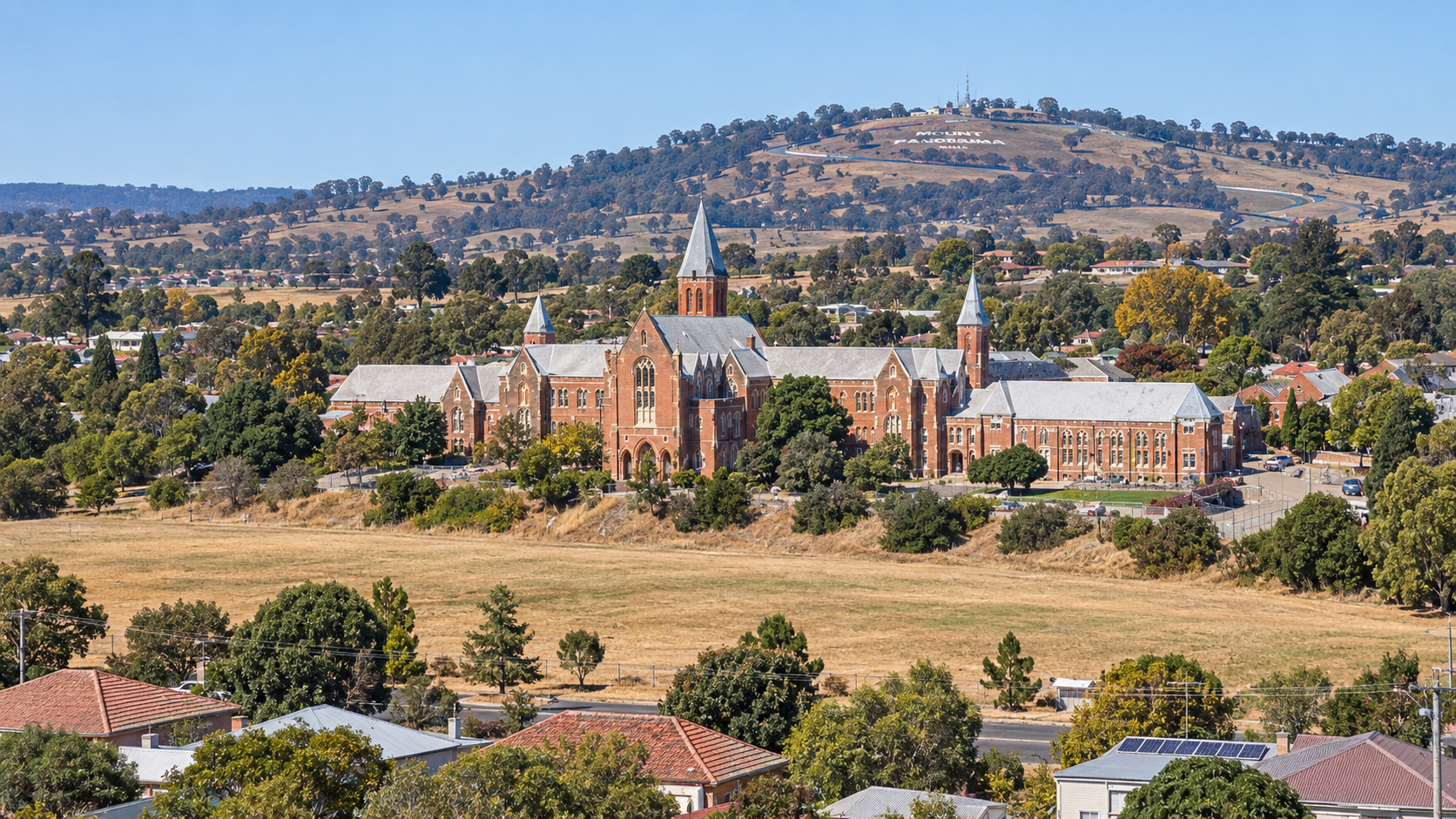Bathurst town view with heritage buildings and Mount Panorama
